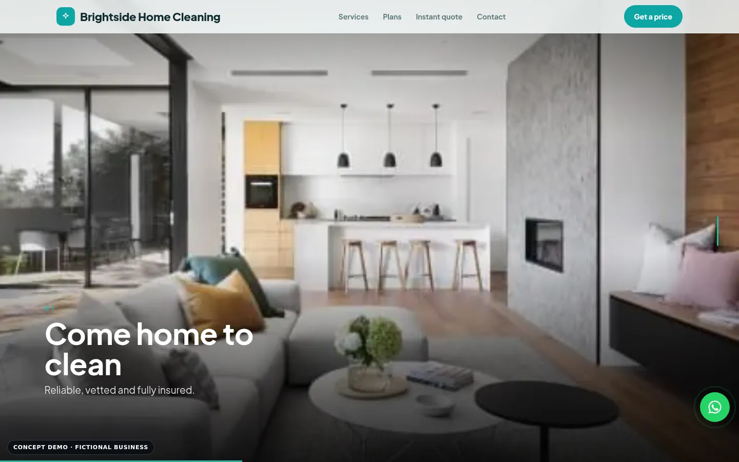 Brightside Home Cleaning demo, desktop view, video showcase section