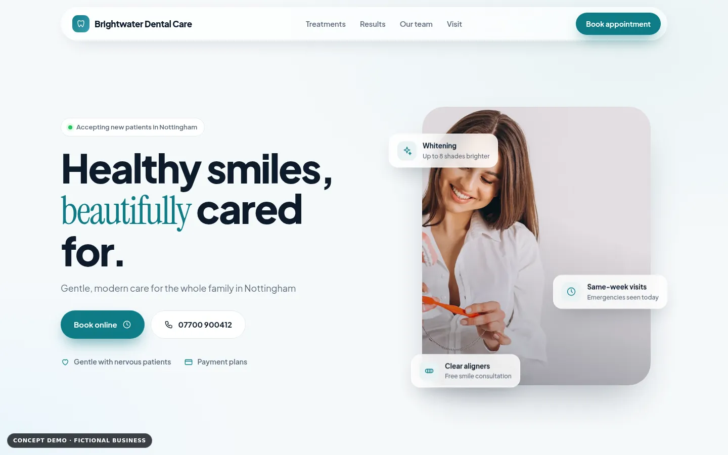 Screenshot of Brightwater Dental Care (Dental Practice Website Demo)