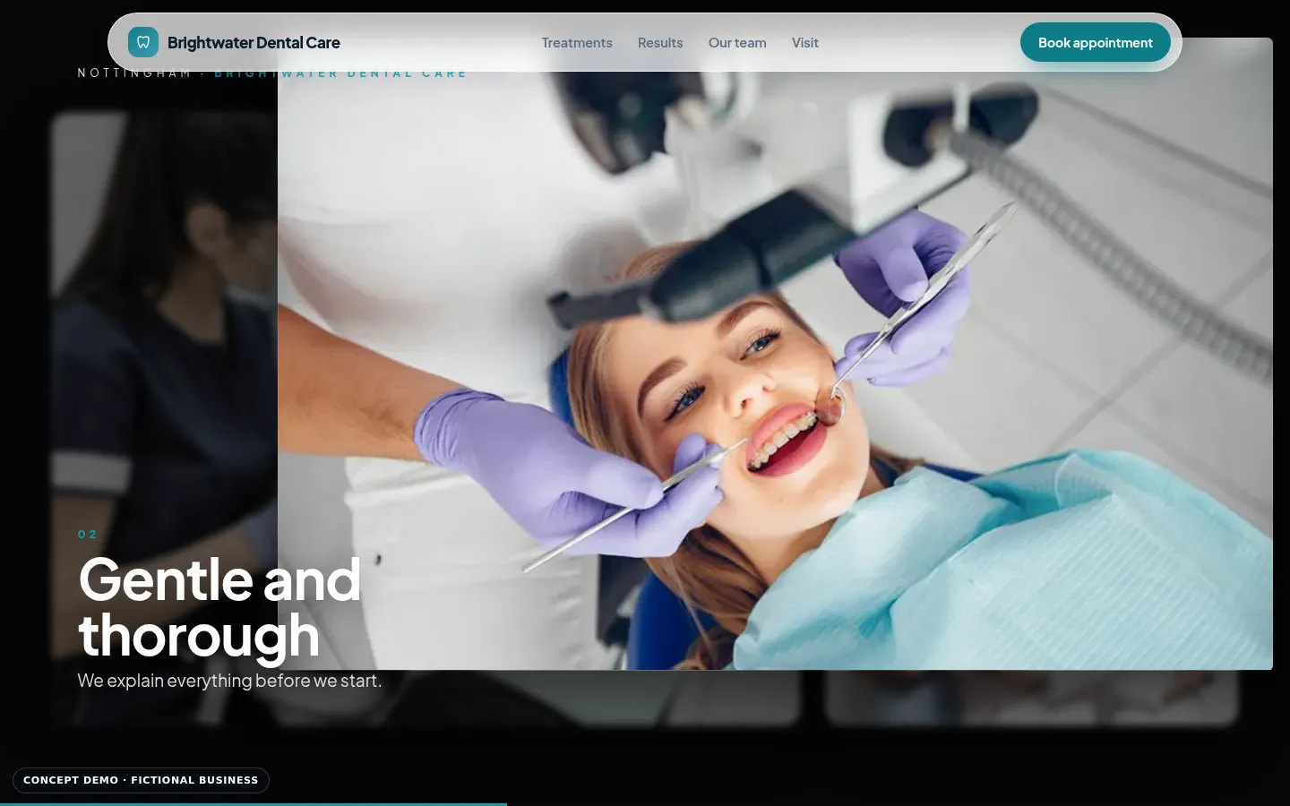 Brightwater Dental Care demo, desktop view, video showcase section