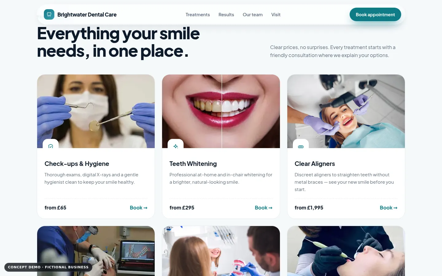 Brightwater Dental Care demo, desktop view, services section