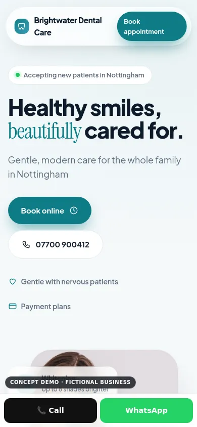 Brightwater Dental Care demo, mobile view