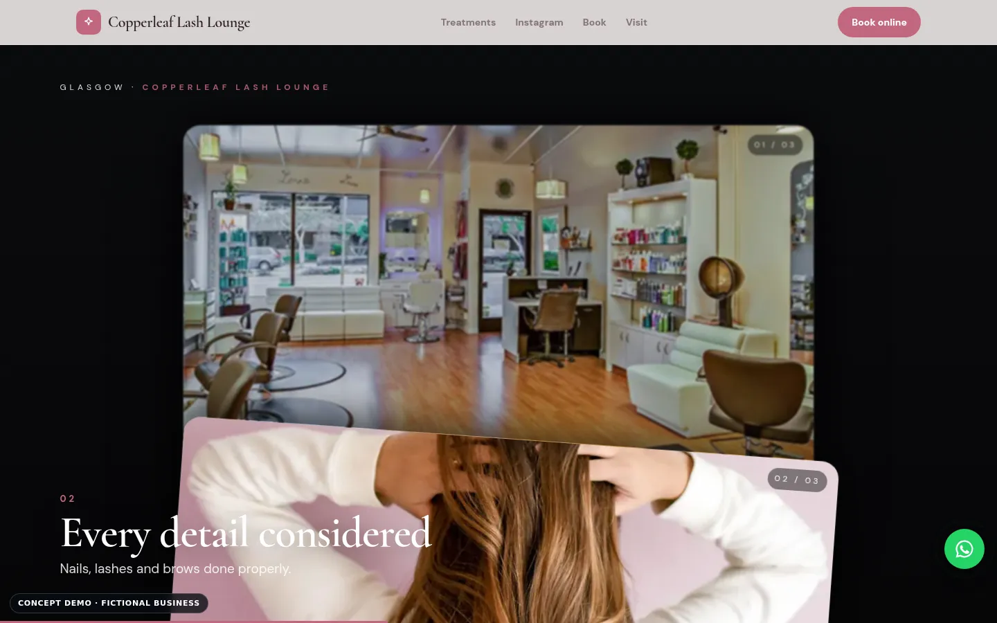 Copperleaf Lash Lounge demo, desktop view, video showcase section