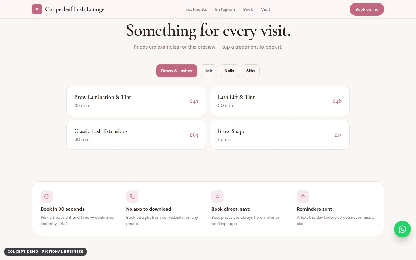 Copperleaf Lash Lounge demo, desktop view, services section