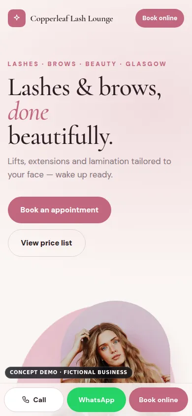 Copperleaf Lash Lounge demo, mobile view