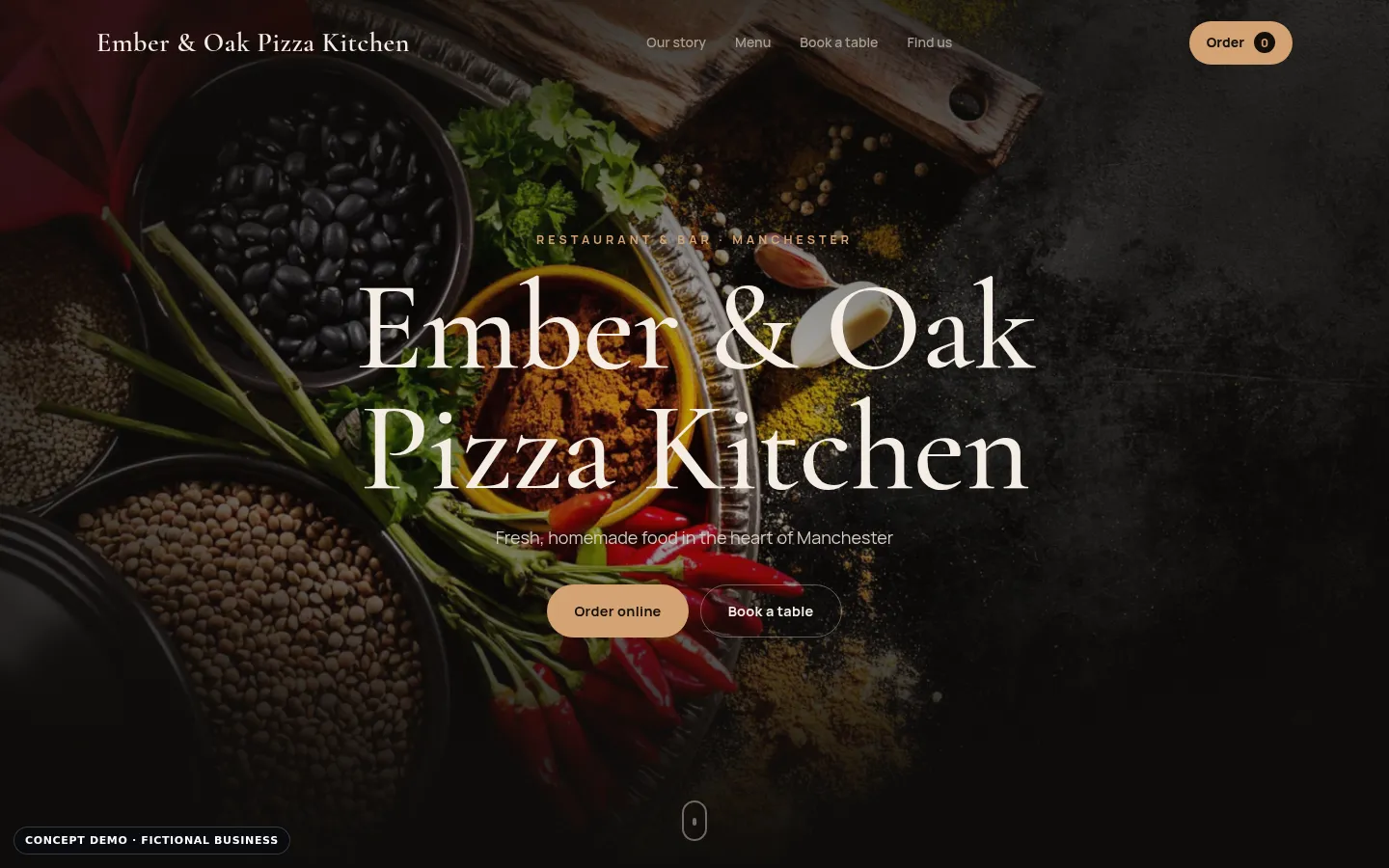 Screenshot of Ember & Oak Pizza Kitchen (Pizzeria Website Demo)