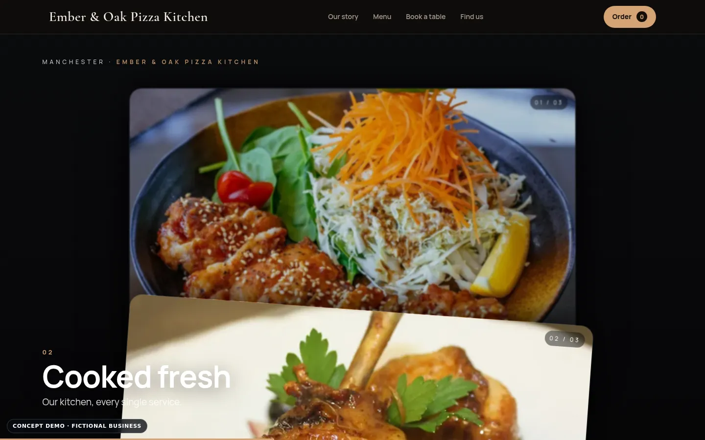 Ember & Oak Pizza Kitchen demo, desktop view, video showcase section