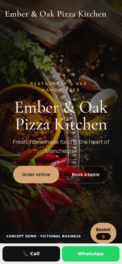 Ember & Oak Pizza Kitchen demo, mobile view