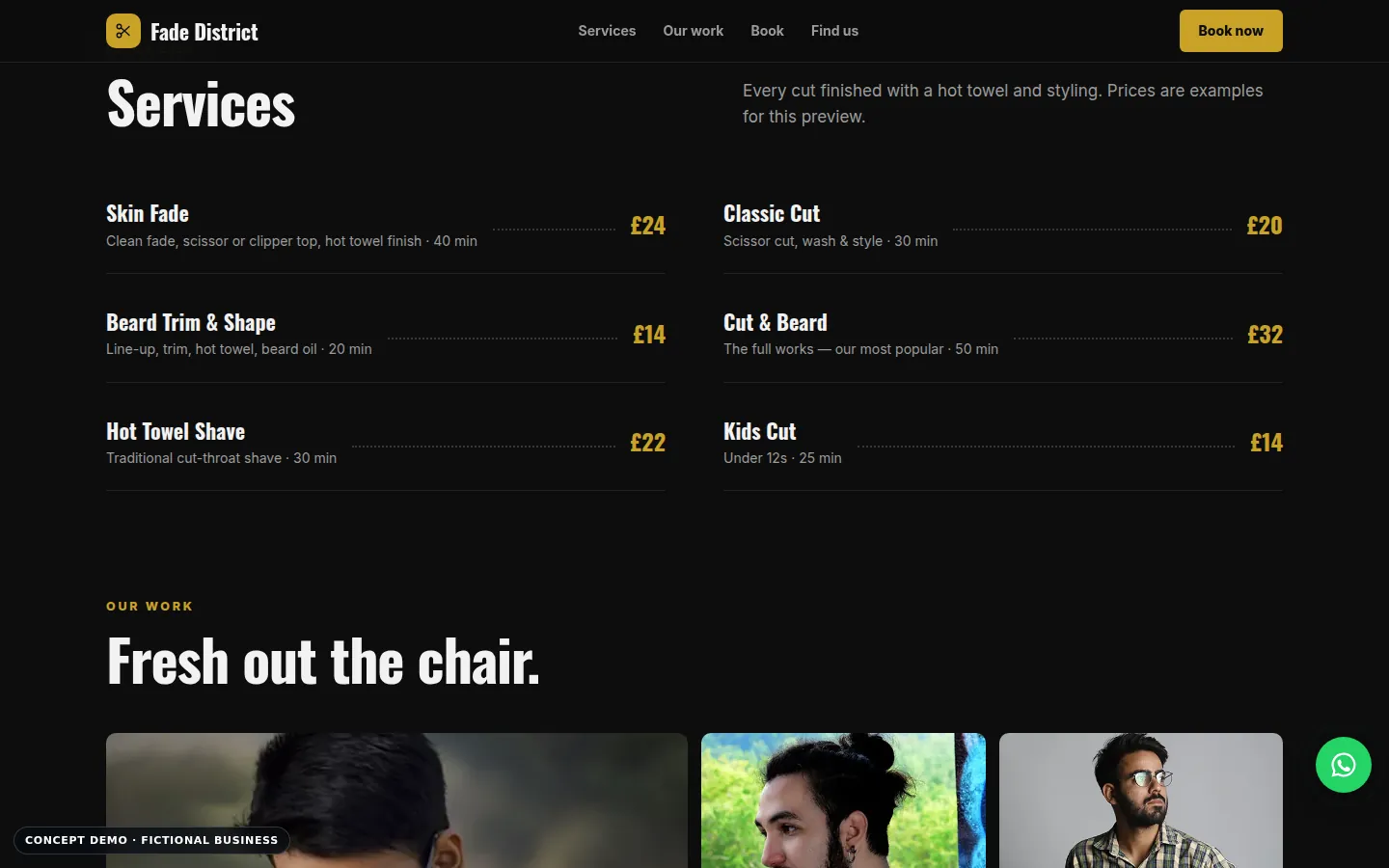 Fade District demo, desktop view, services section