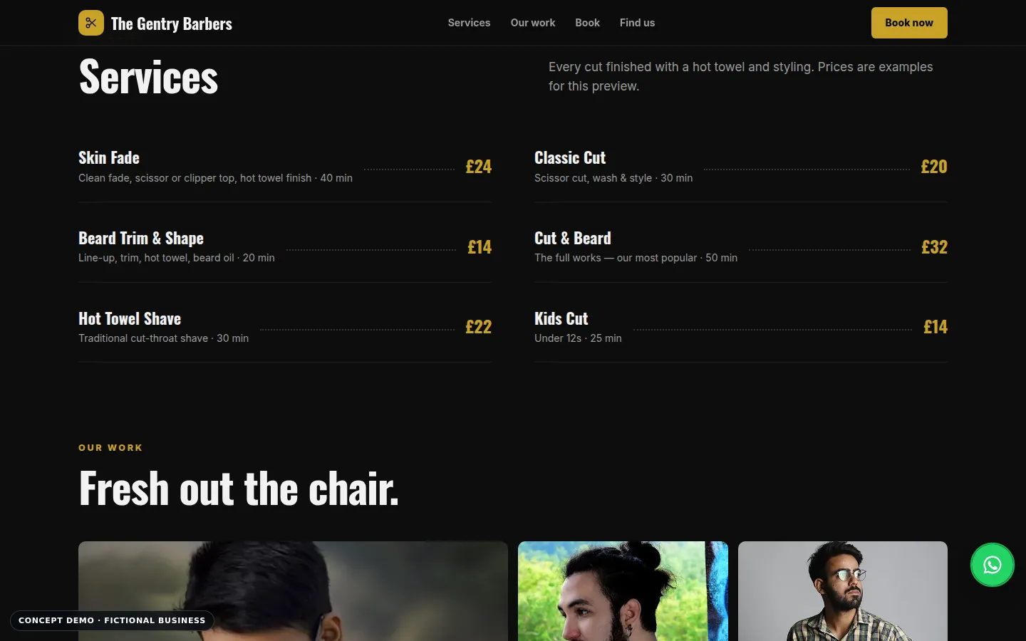 The Gentry Barbers demo, desktop view, services section