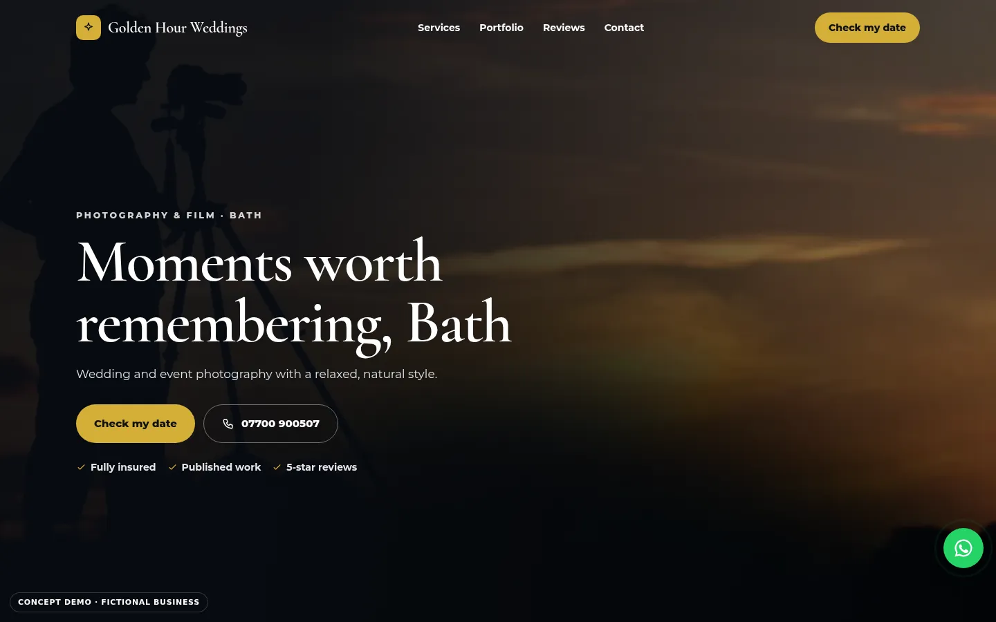 Screenshot of Golden Hour Weddings (Wedding Photographer Website Concept)