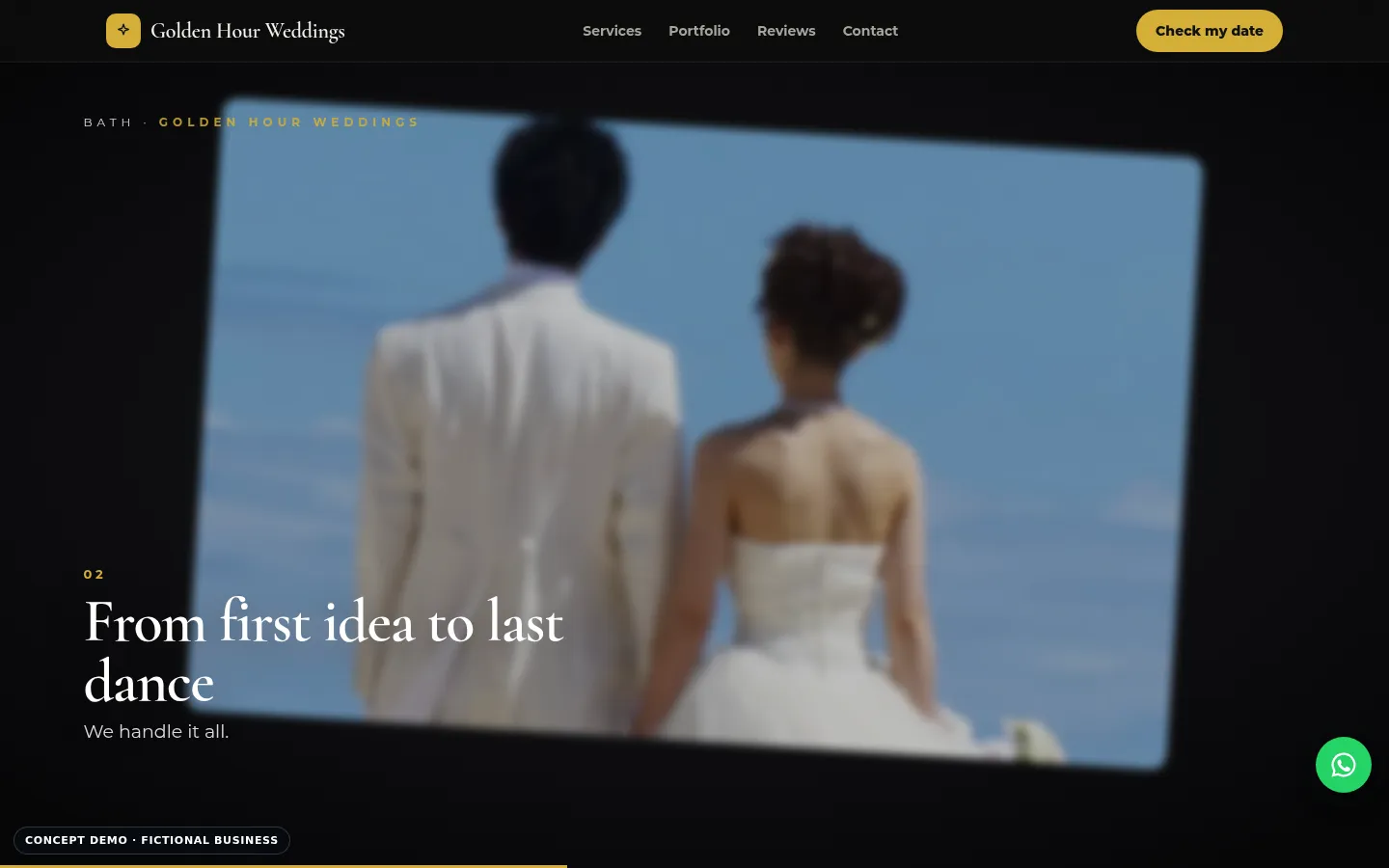 Golden Hour Weddings demo, desktop view, video showcase section