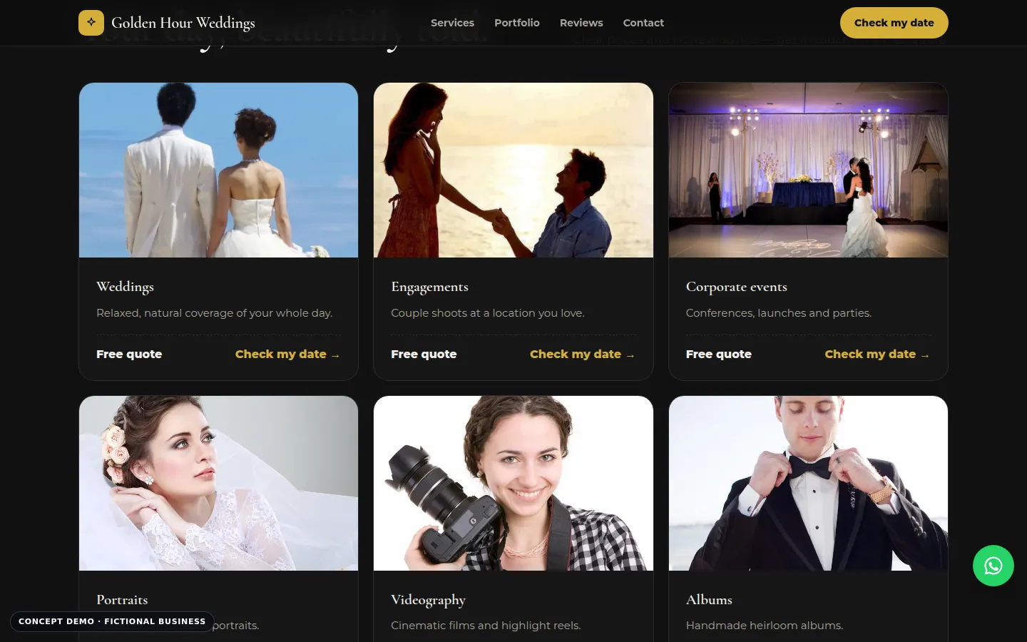 Golden Hour Weddings demo, desktop view, services section