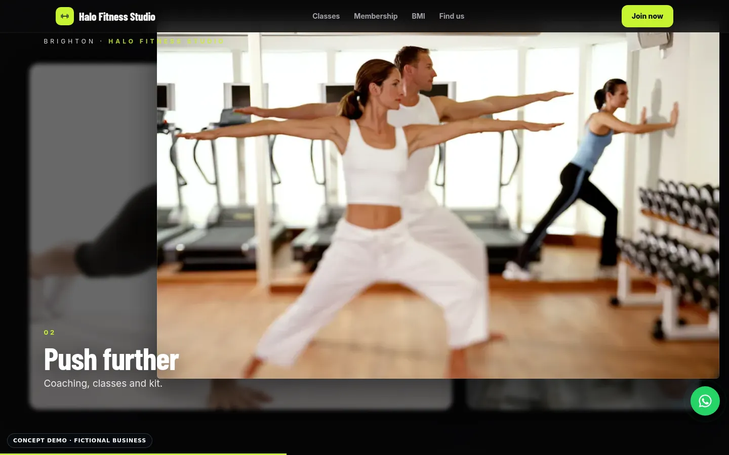 Halo Fitness Studio demo, desktop view, video showcase section