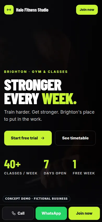 Halo Fitness Studio demo, mobile view