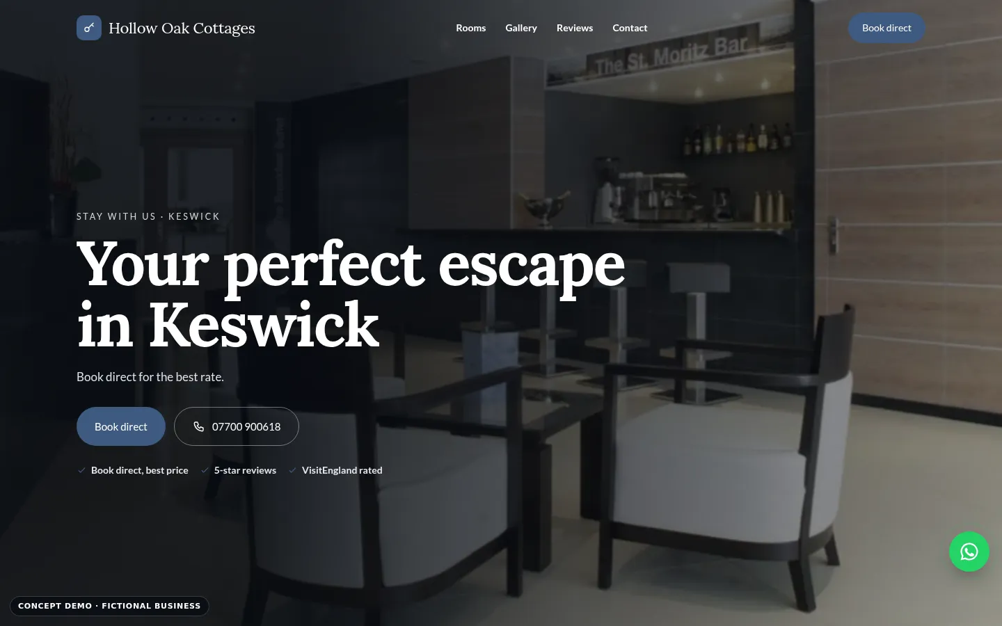 Screenshot of Hollow Oak Cottages (Holiday Cottage Website Concept)