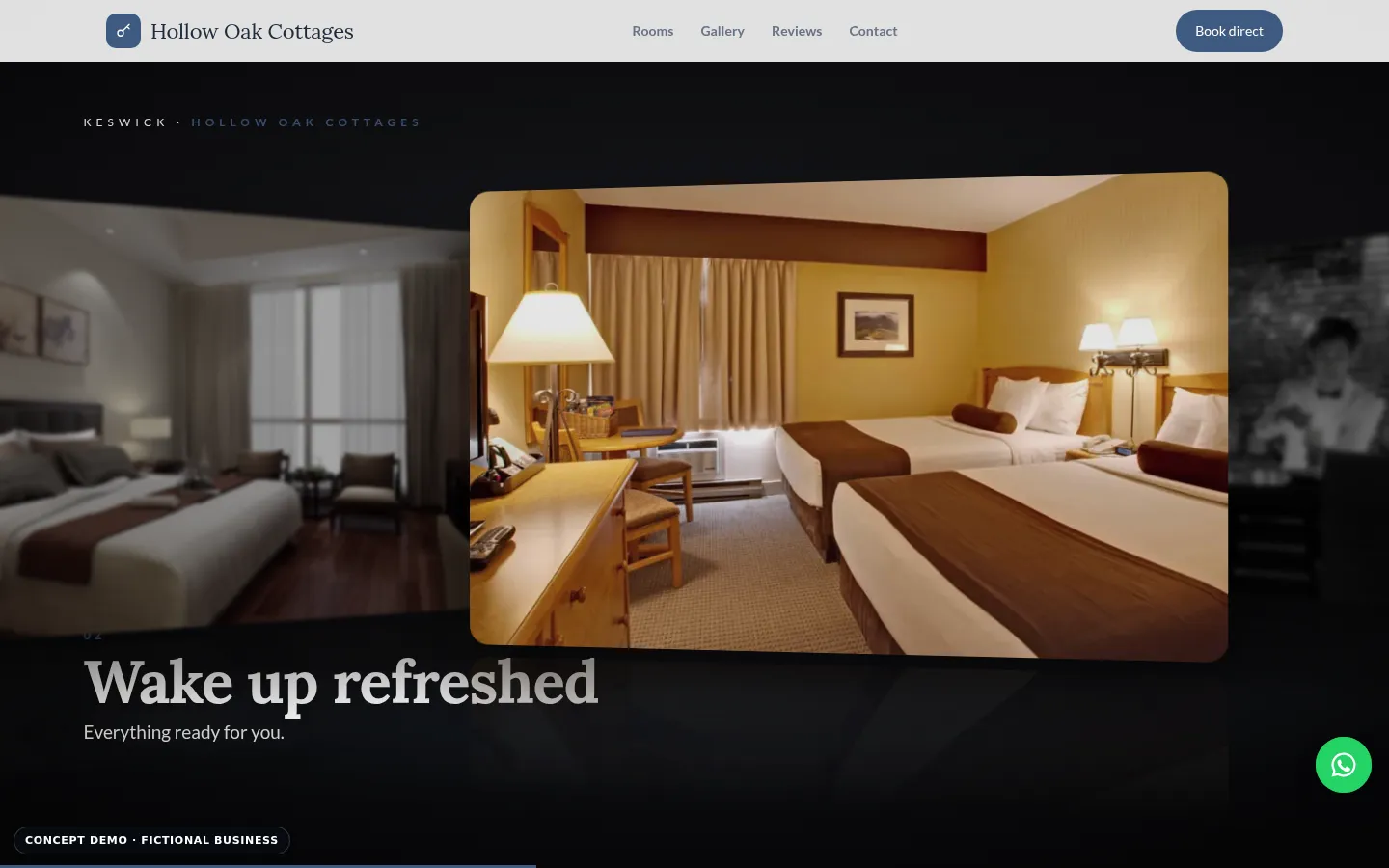 Hollow Oak Cottages demo, desktop view, video showcase section