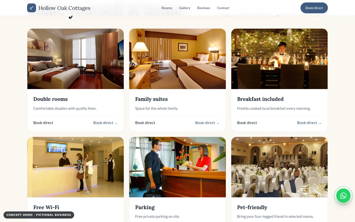 Hollow Oak Cottages demo, desktop view, services section