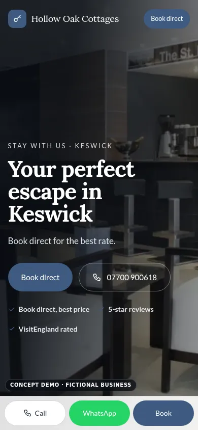 Hollow Oak Cottages demo, mobile view