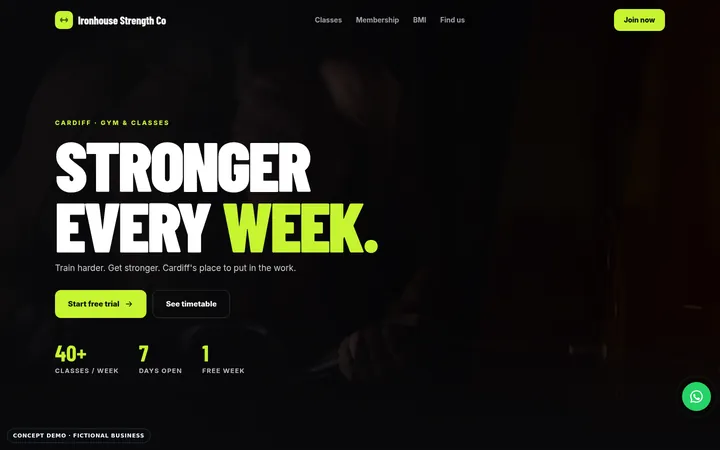 Gym & Fitness Studio Website Demo: homepage of the fictional business Ironhouse Strength Co