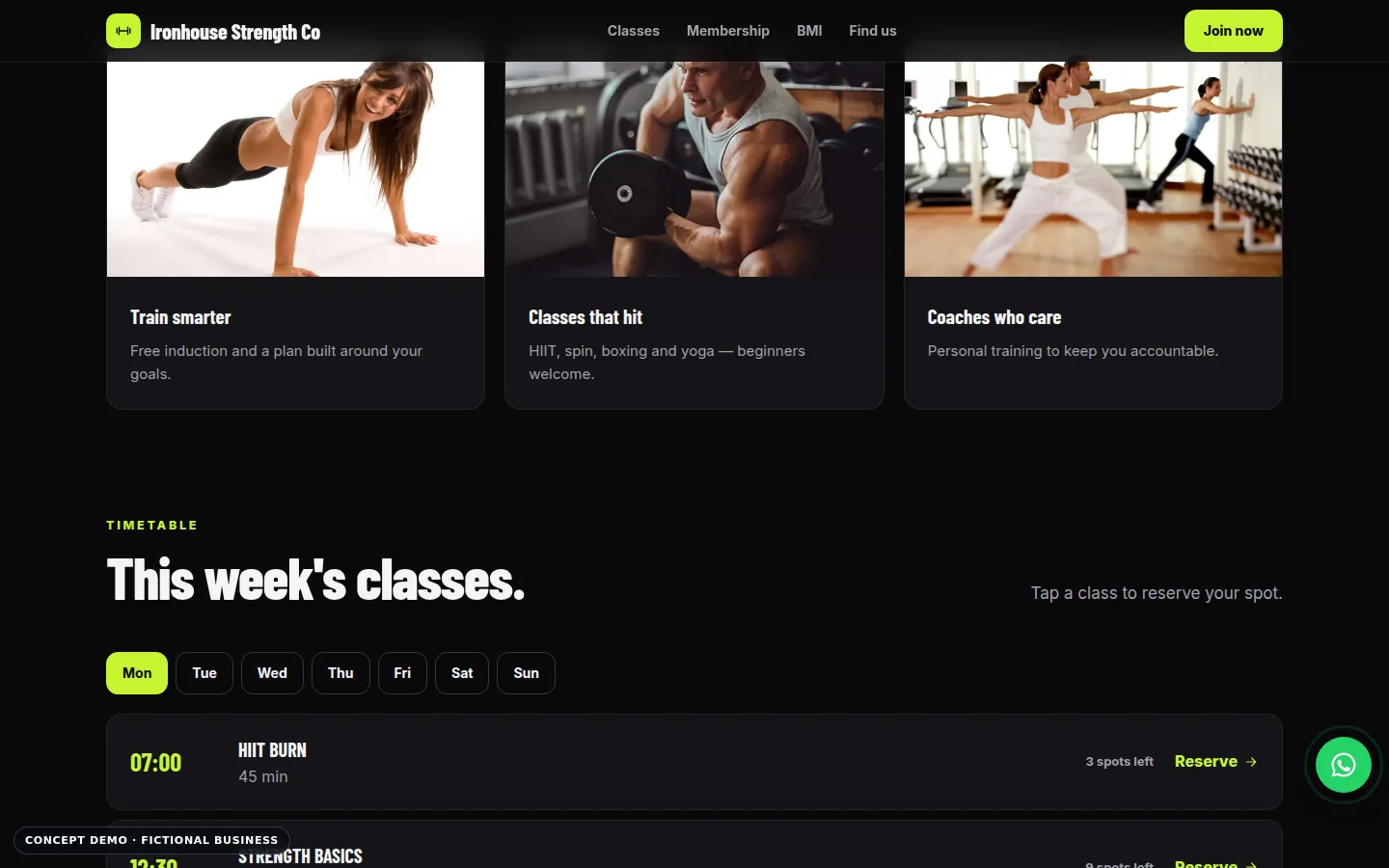Ironhouse Strength Co demo, desktop view, services section