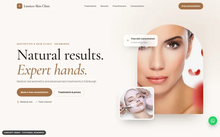 Aesthetics Clinic Website Concept: homepage of the fictional business Lumiere Skin Clinic