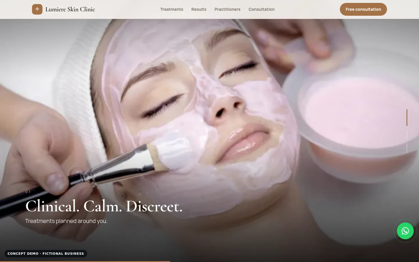 Lumiere Skin Clinic demo, desktop view, video showcase section