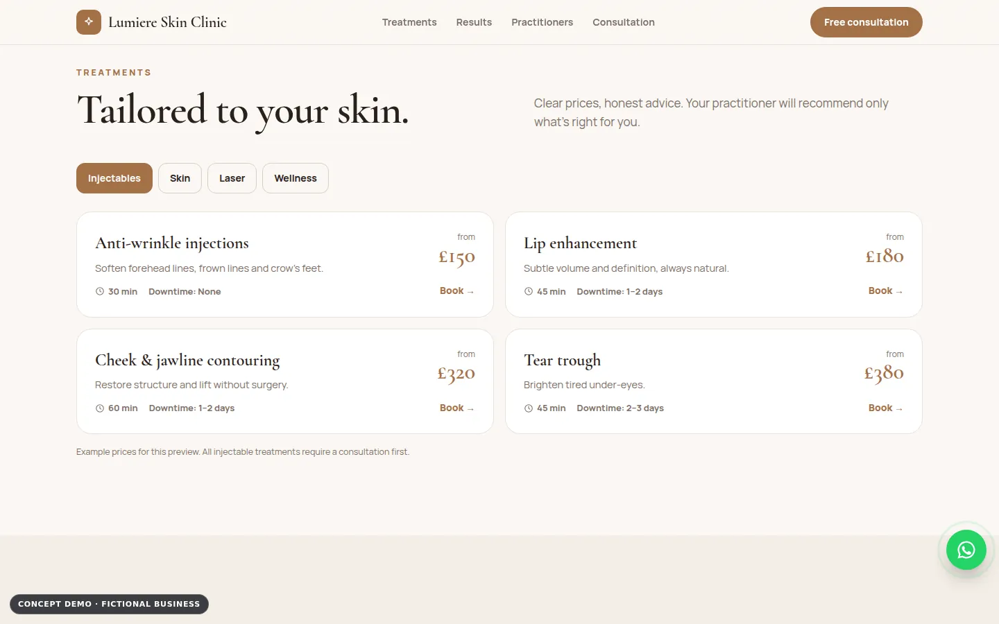 Lumiere Skin Clinic demo, desktop view, services section