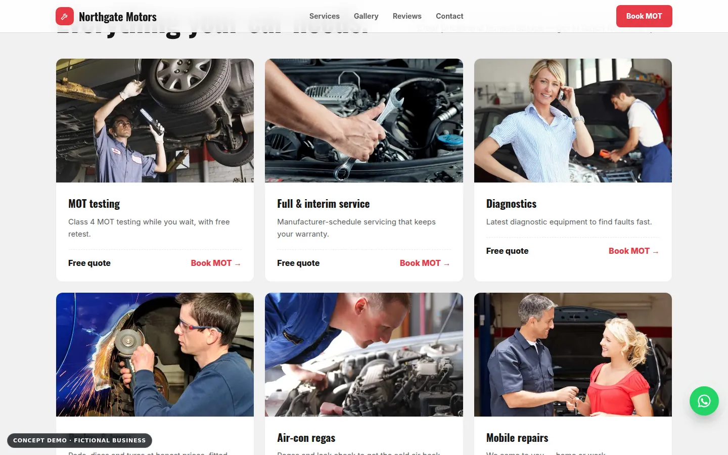 Northgate Motors demo, desktop view, services section