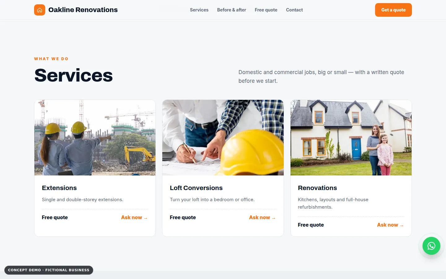 Oakline Renovations demo, desktop view, services section