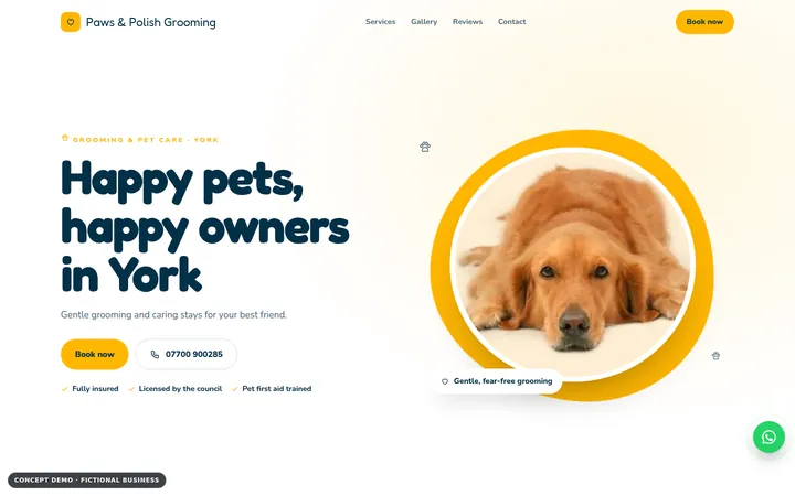 Dog Grooming Website Demo: homepage of the fictional business Paws & Polish Grooming