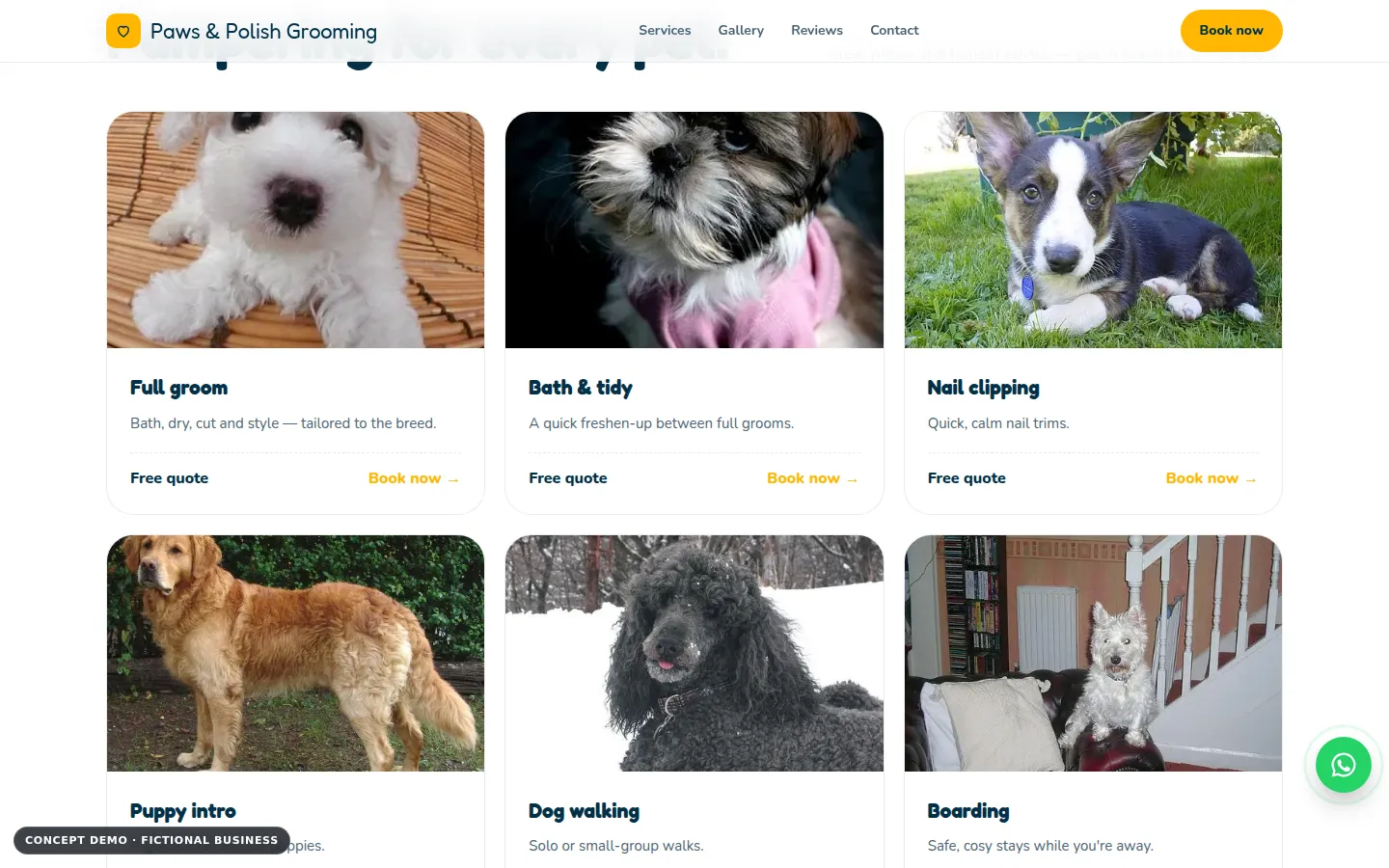 Paws & Polish Grooming demo, desktop view, services section