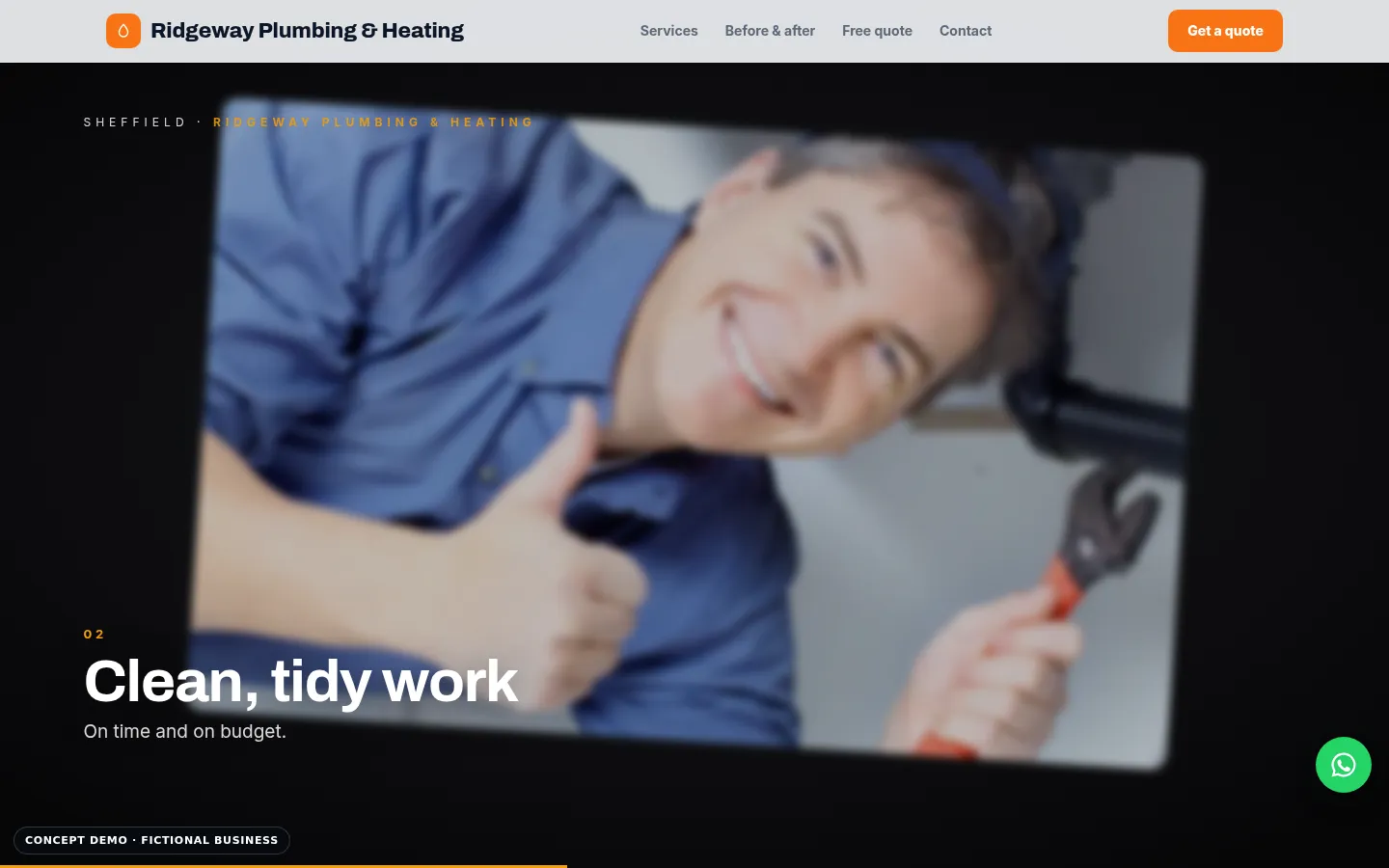 Ridgeway Plumbing & Heating demo, desktop view, video showcase section