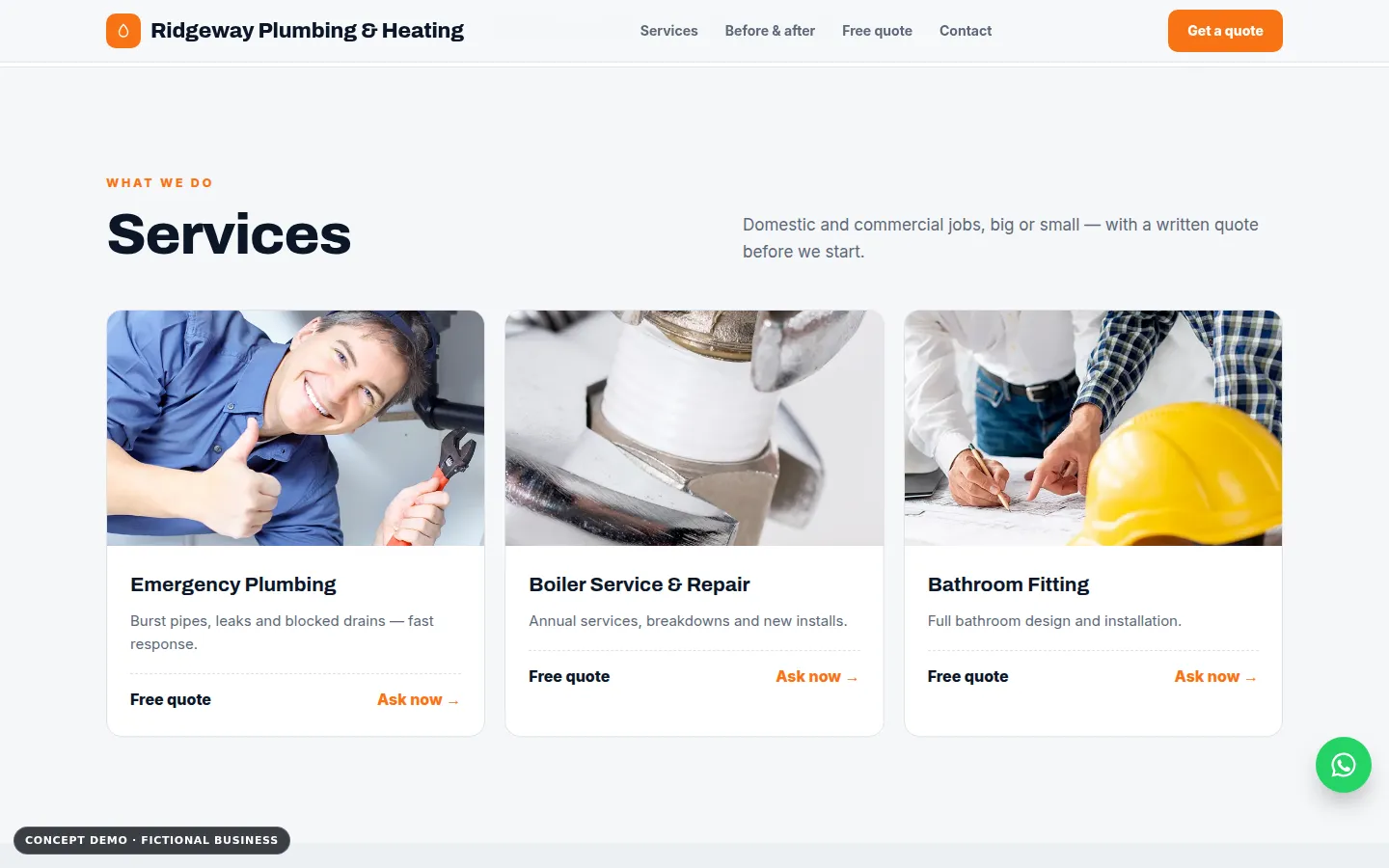 Ridgeway Plumbing & Heating demo, desktop view, services section