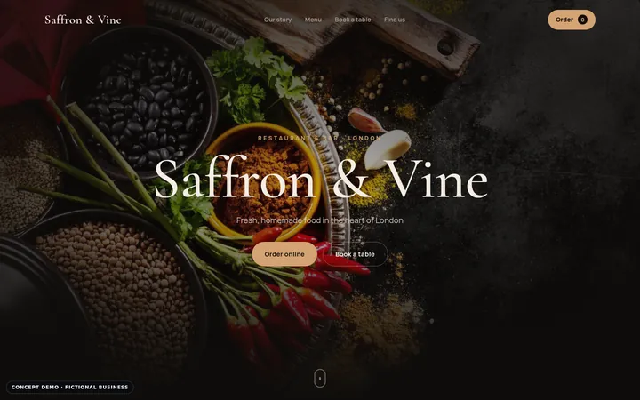 Restaurant Website Demo with Menu & Booking: homepage of the fictional business Saffron & Vine