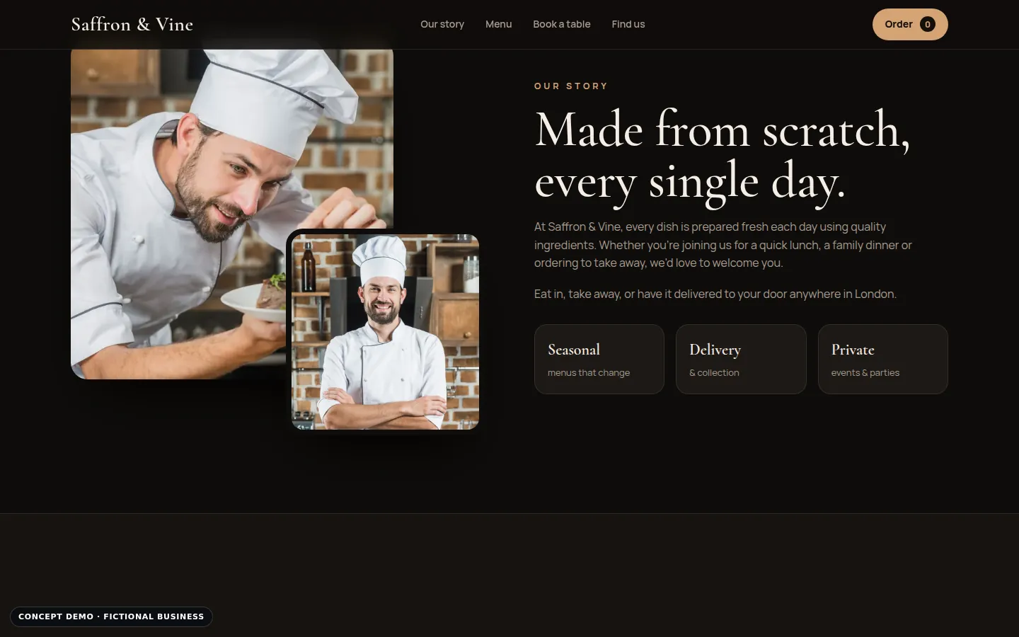 Saffron & Vine demo, desktop view, services section