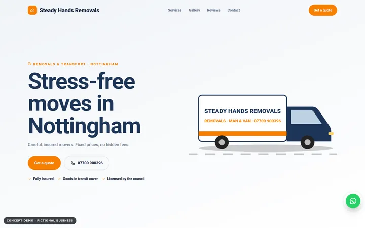 Removals Company Website Demo: homepage of the fictional business Steady Hands Removals