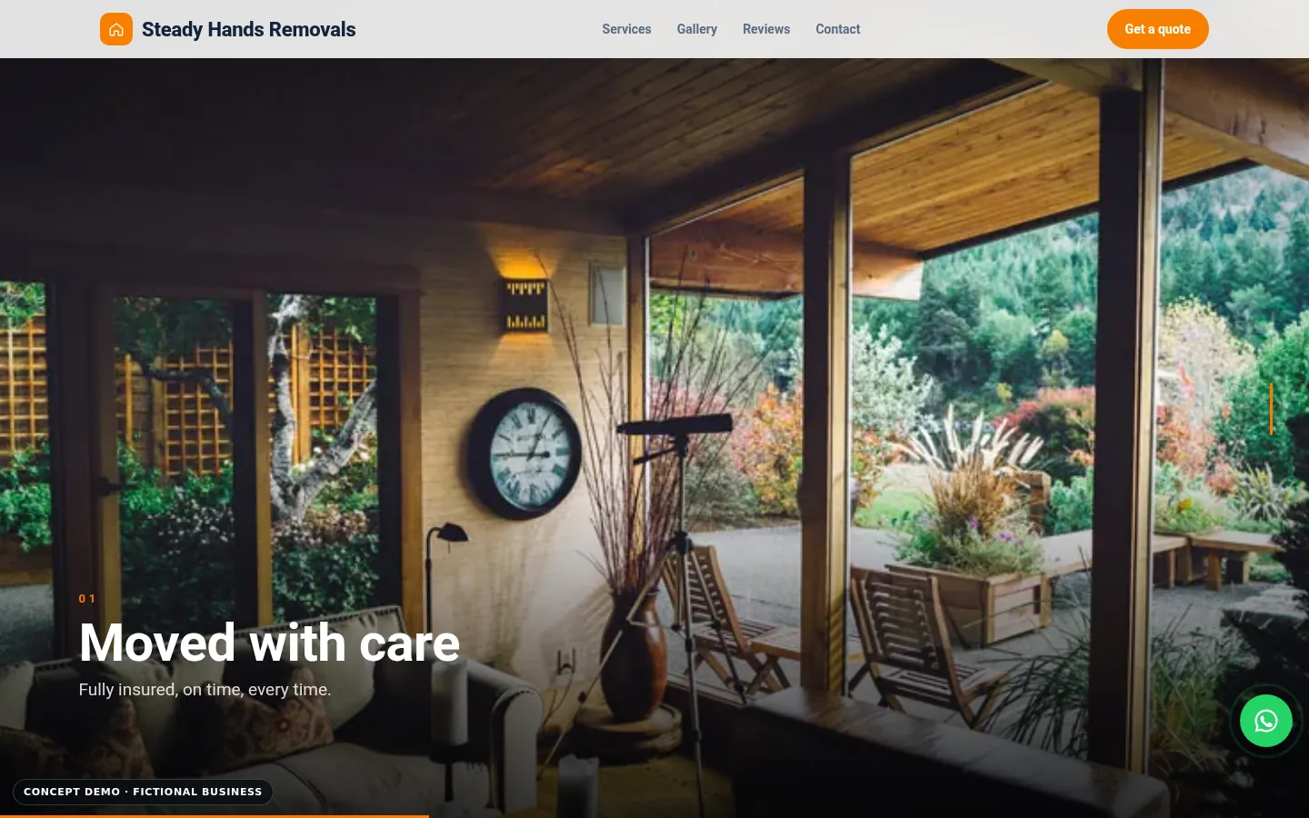 Steady Hands Removals demo, desktop view, video showcase section