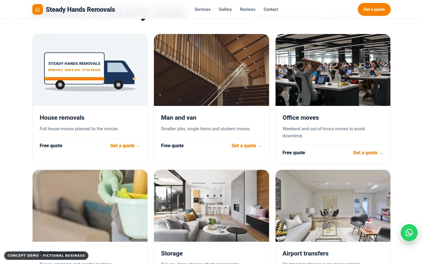Steady Hands Removals demo, desktop view, services section
