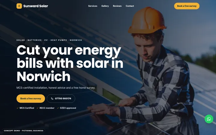 Solar Installer Website Demo: homepage of the fictional business Sunward Solar