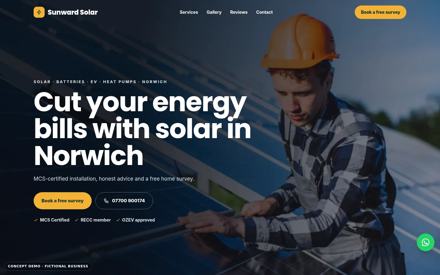 Screenshot of Sunward Solar (Solar Installer Website Demo)