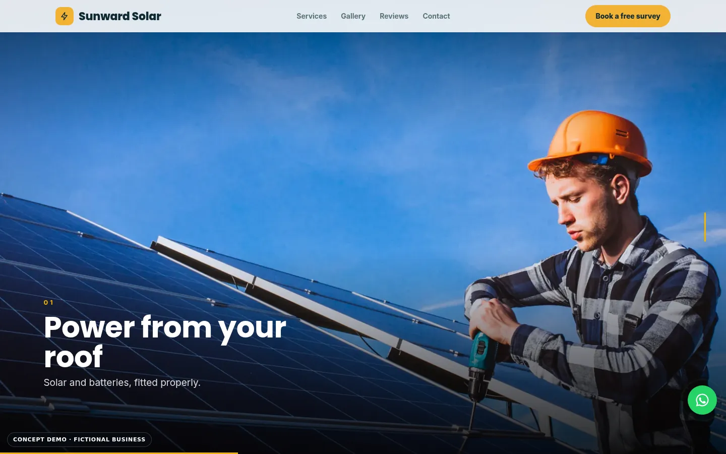 Sunward Solar demo, desktop view, video showcase section