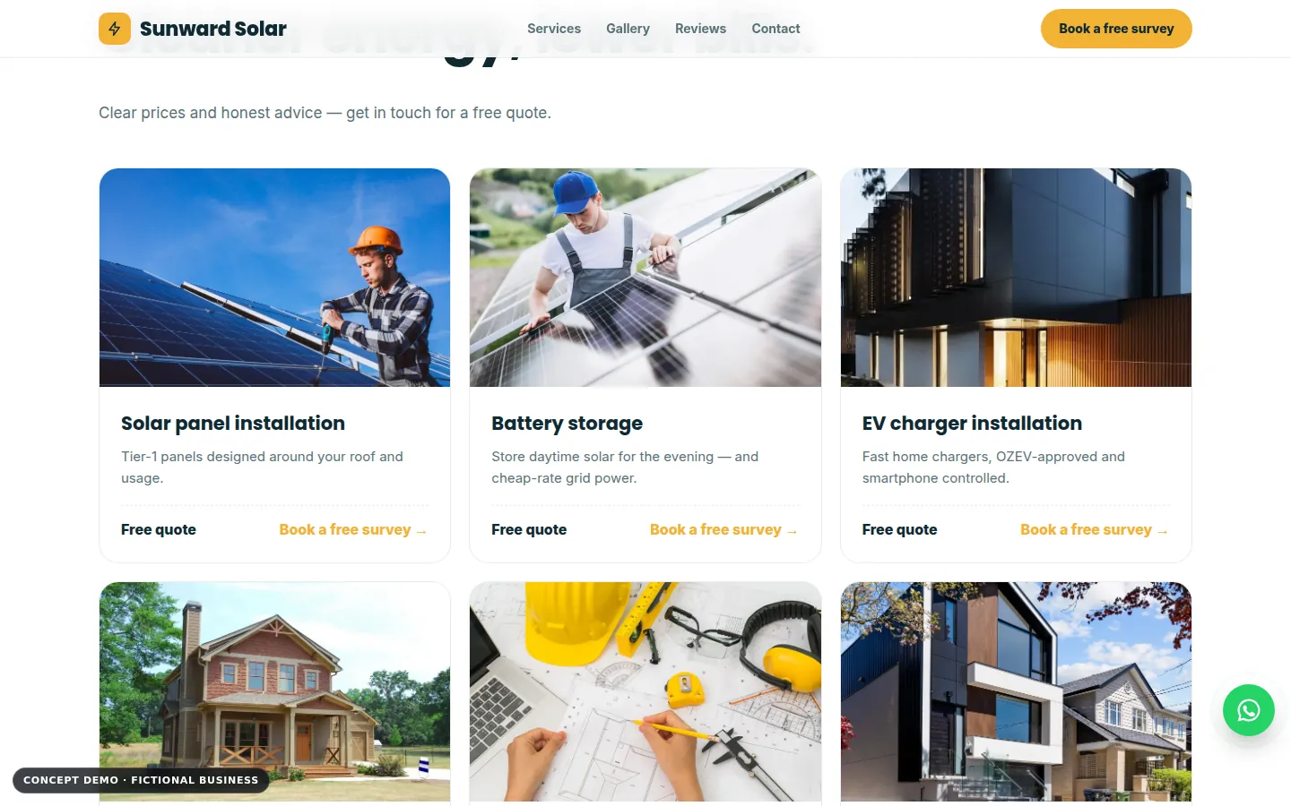 Sunward Solar demo, desktop view, services section