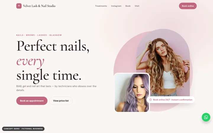 Nail & Lash Studio Website Demo: homepage of the fictional business Velvet Lash & Nail Studio
