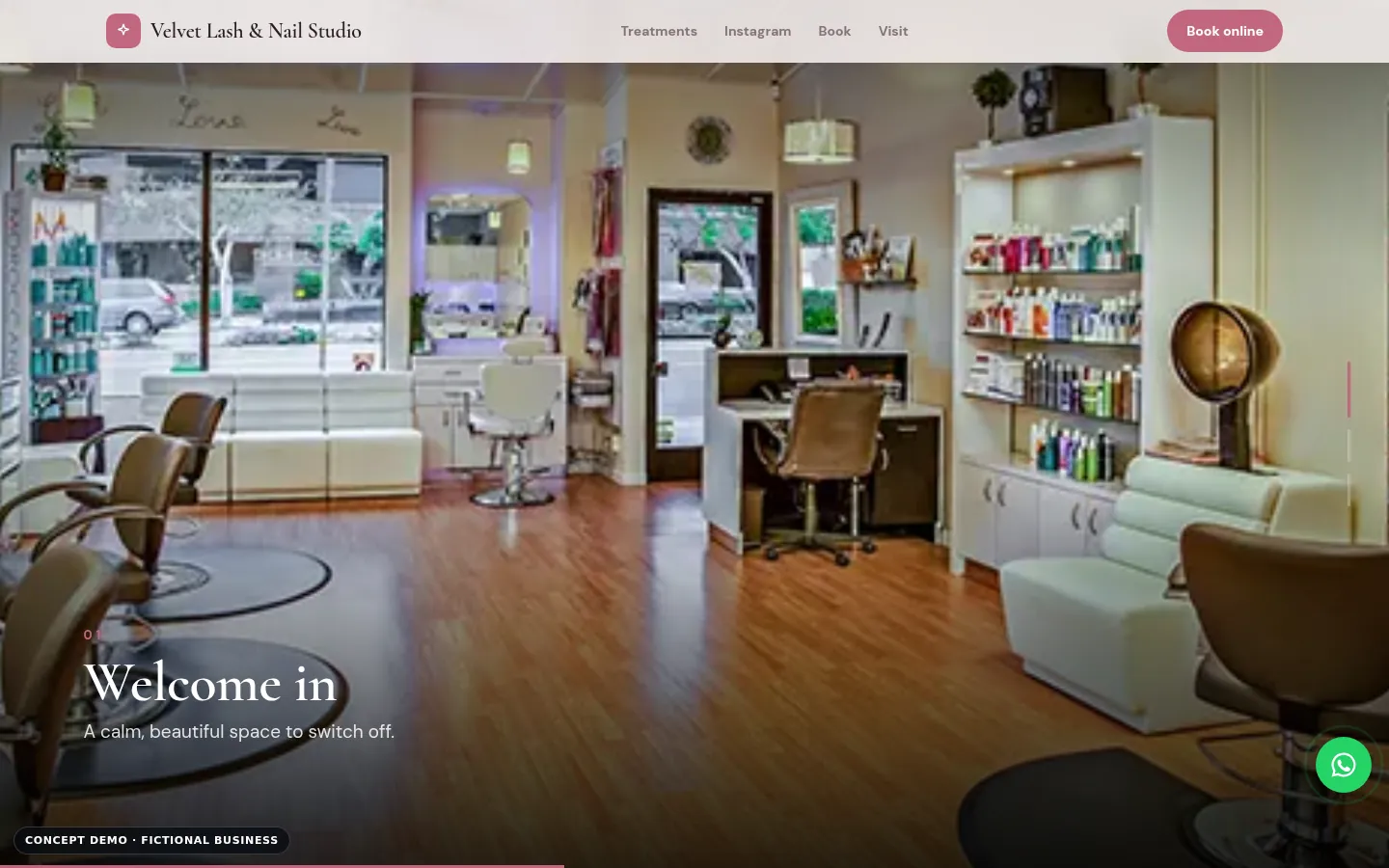 Velvet Lash & Nail Studio demo, desktop view, video showcase section