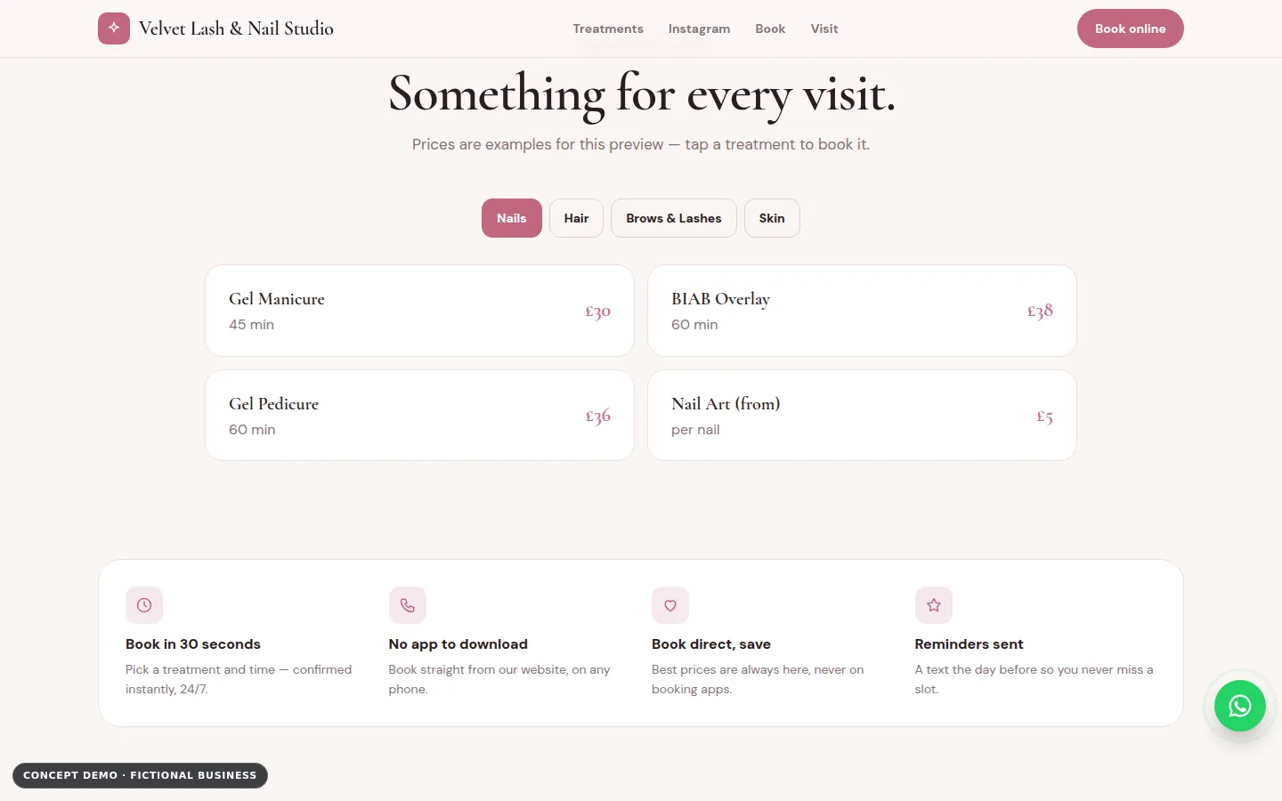 Velvet Lash & Nail Studio demo, desktop view, services section