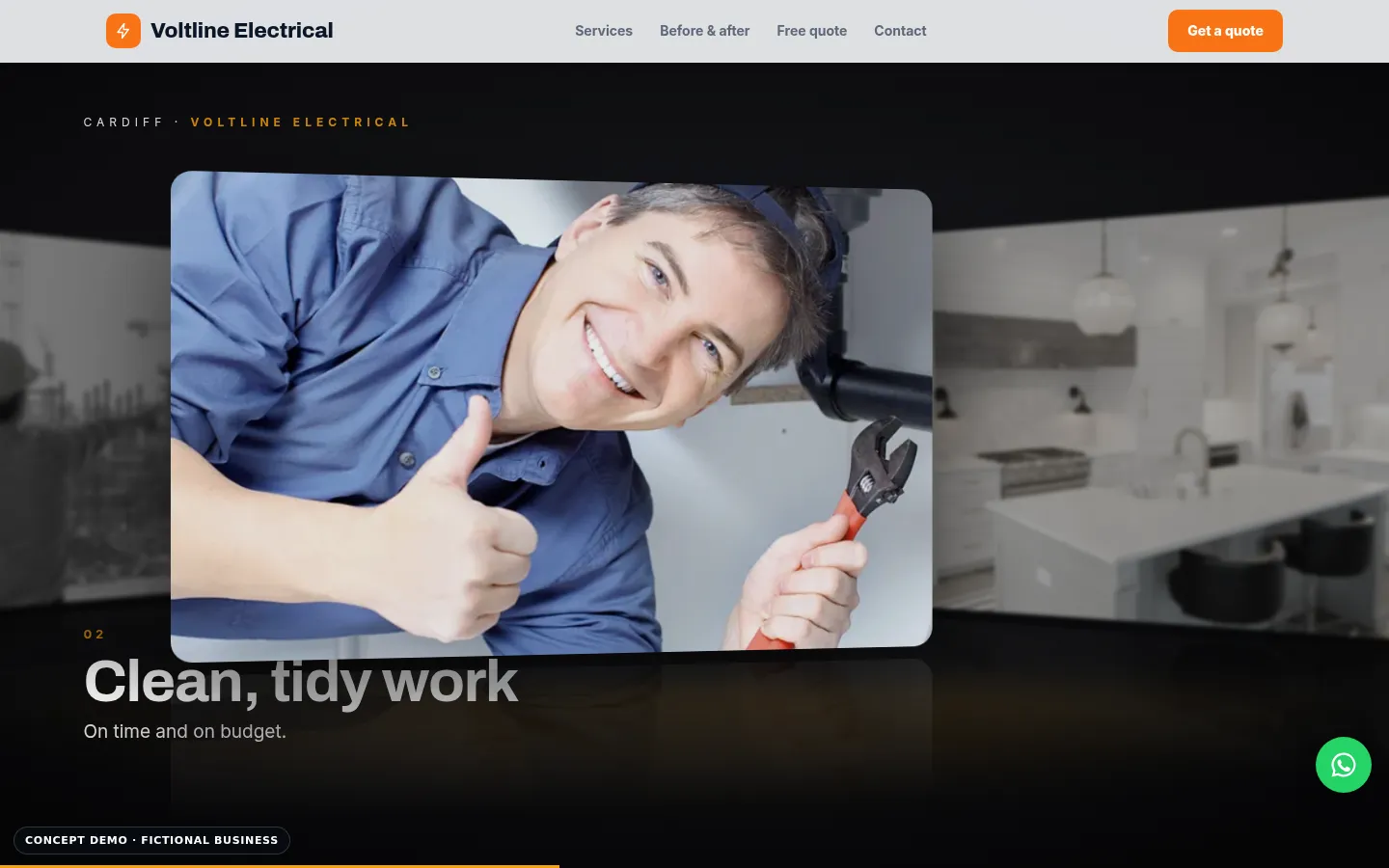 Voltline Electrical demo, desktop view, video showcase section