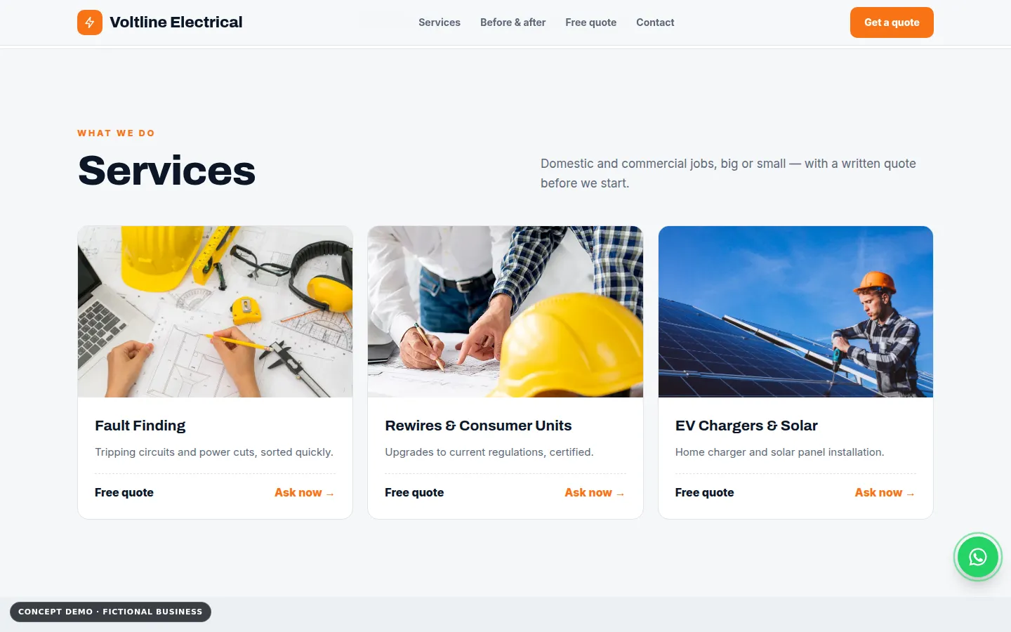 Voltline Electrical demo, desktop view, services section